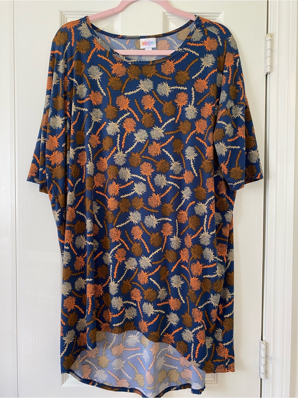 LuLaRoe Navy Short Sleeve Tee with Orange, Brown, and Cream Floral Print